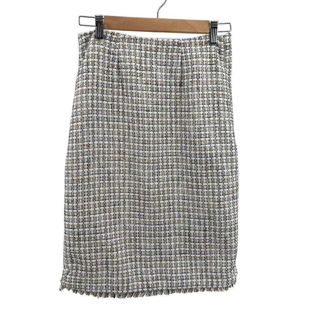Calvin Klein Pencil Skirt WMNS SZ 6 Beige Metallic Fringe Hem Knee Length Tweed